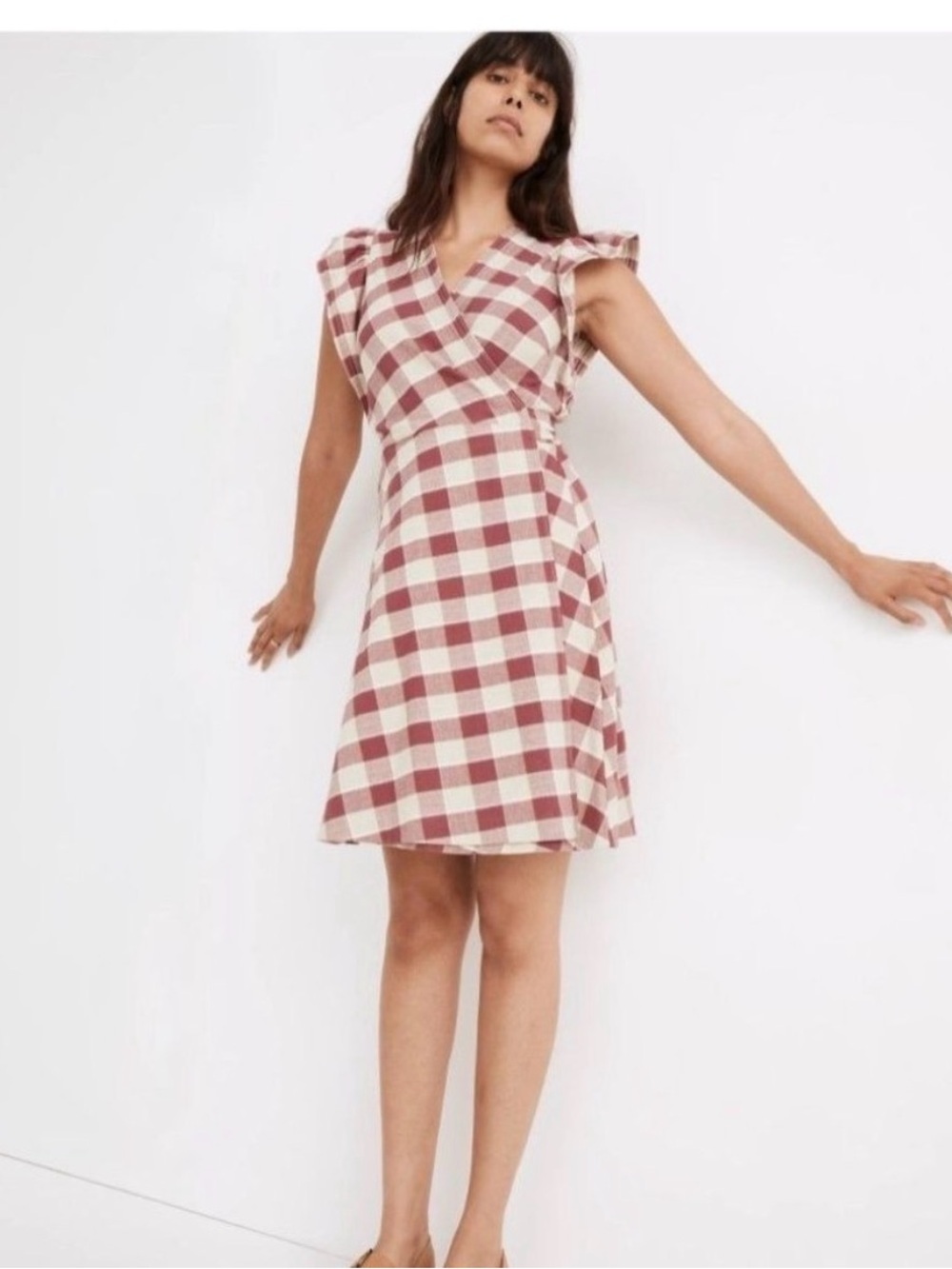 Madewell Red and Cream Plaid Wrap Mini Dress Small Excellent Condition